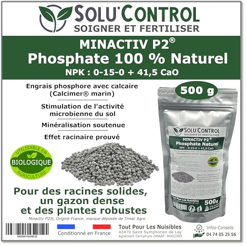 500 g de Minactiv P2® SOLU’CONTROL – Engrais phosphate naturel 0-15-0 + 41,5 CaO – Avec Calcimer® marin et stimulateur microbien – Racines solides, gazon dense et cultures vigoureuses – UAB (Bio)