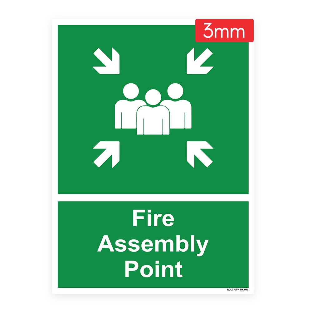 RDLCAR Fire Assembly Point with Family Sign, 3mm Foam, 300 x 400 mm, Safety Fire Evacuation Sign, Weatherproof, UV Resistant, 1 Pack