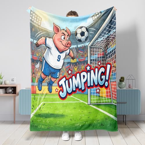 2026 Soccer Season Pig Throw Blanket 50x60 Inch, Animal Jumping Header Shot Big Small Fuzzy Blanket for Couch Living Room Beach Travel, Sport Home Sofa Decor