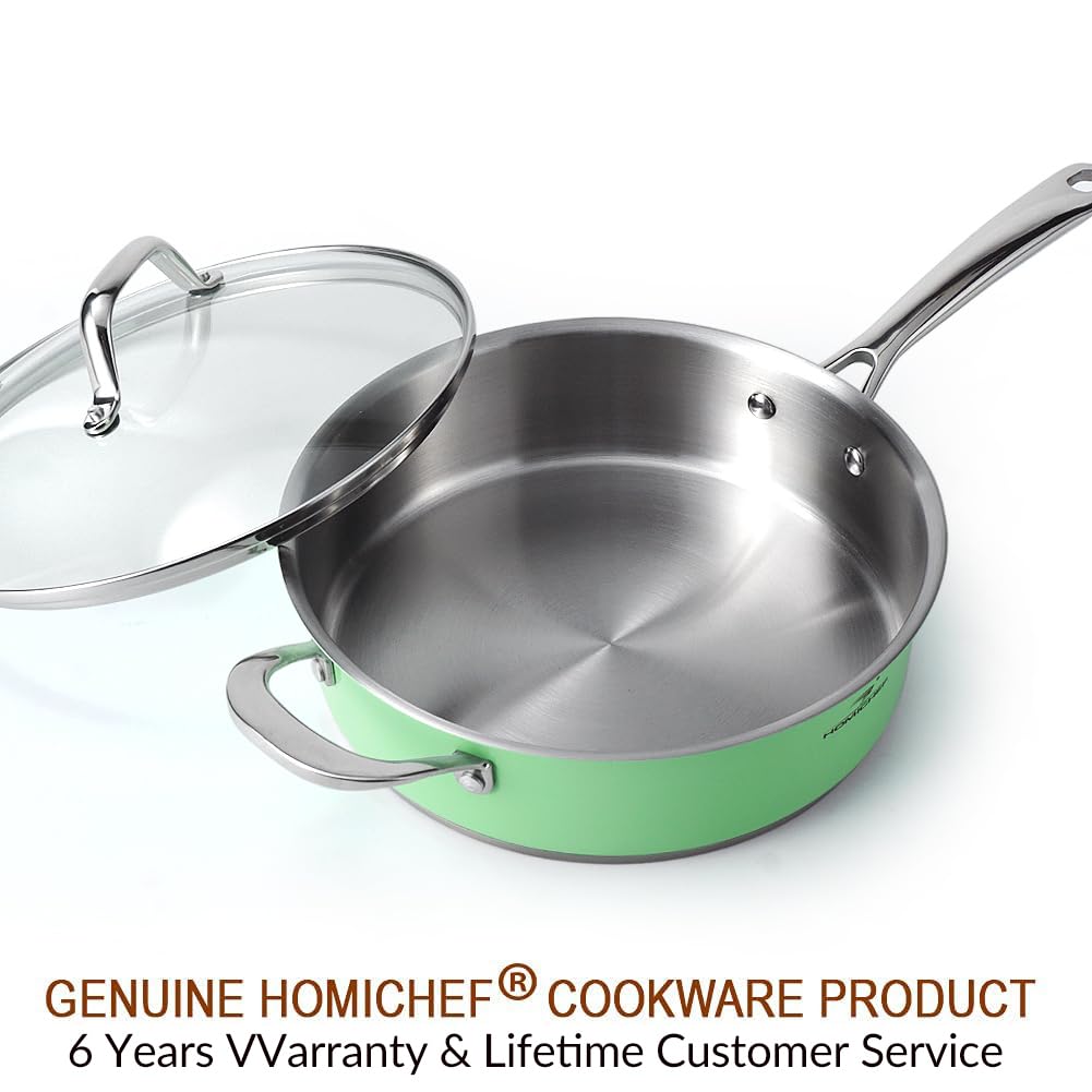 HOMICHEF 24 CM Verde Menta Sartén de Acero Inoxidable sin Níquel con Tapa de Cristal - 2.37 L Sartén Honda No Tóxica para Cocinas de Inducción Apta para Horno