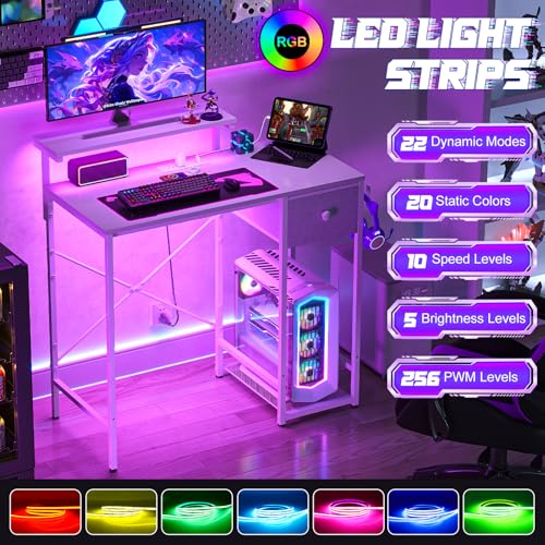 Image of X-cosrack 33.5 inch Small Computer Desk with Monitor Stand & Outlets, Small Gaming Desk with LED Light & CPU Stand, Teen Study Writing Table with Storage Drawer, Side Hooks for Bedroom, Home Office White