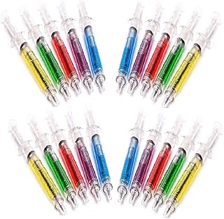 20 Double Value Mixed Colour Novelty Syringe Pens. Black Ink Bulk Value Pack Now Includes Extra Refills
