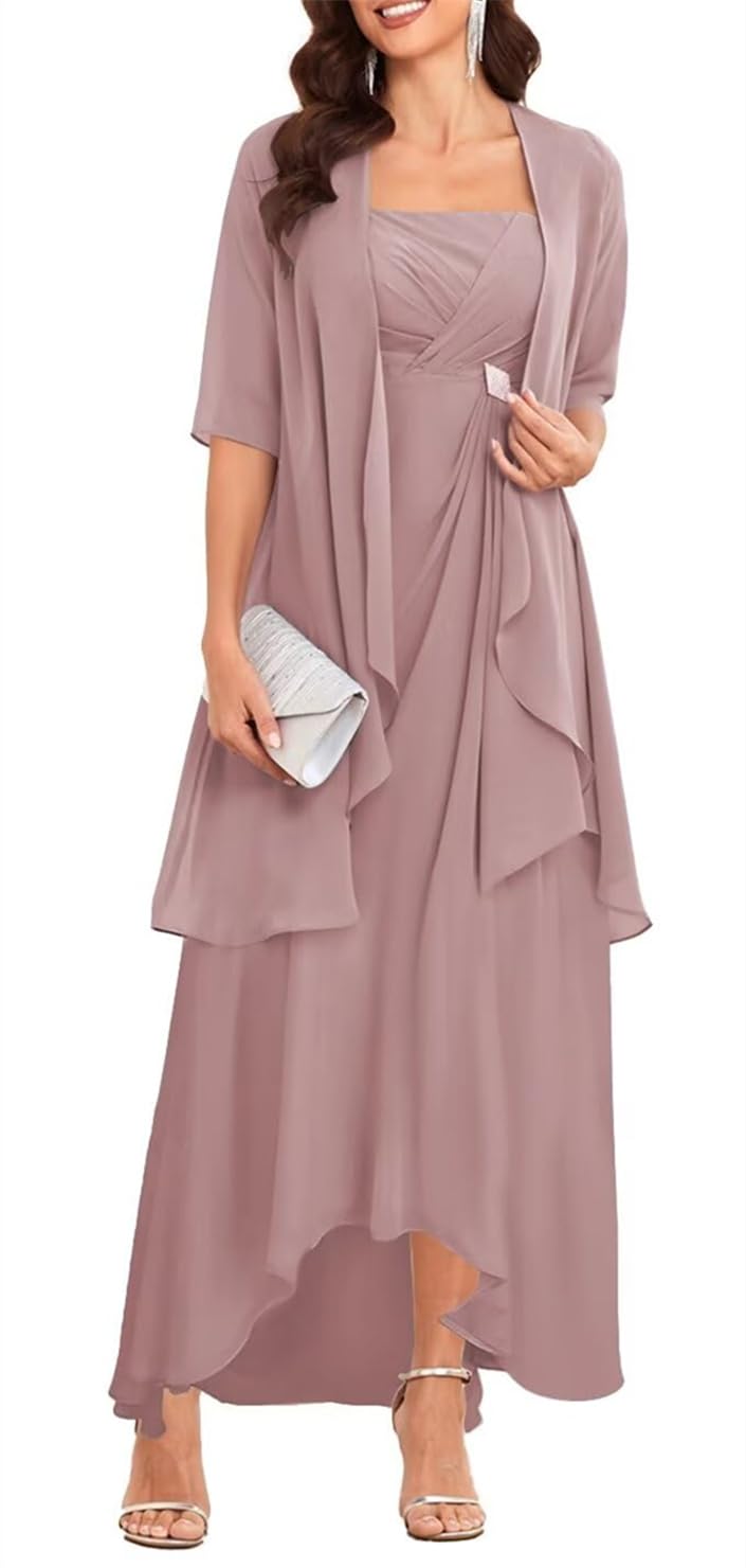 Yiann Women's Dusty Rose Mother Of The Bride Dresses Tea Length 2 Pieces Chiffon Pleated Evening Party Dress With Sleeves Uk16