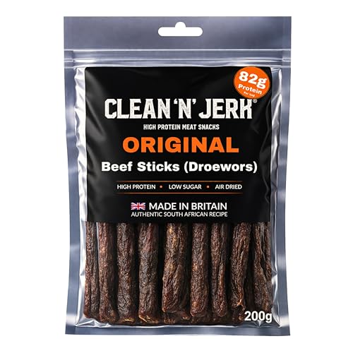 Clean N Jerk Original Droewors Beef Sticks 200g - High Protein Grass Fed Beef Snack Sticks - Air Dried Dried Sausage Meat - Authentic South African Recipe for Gym Travel Work