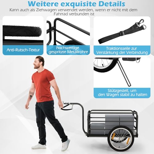 COSTWAY Fahrradanhänger, Lastenanhänger Klappbar mit Abdeckung & Kuppler & Reflektoren, Transportanhänger 60KG für Camping, Einkaufen, Umzug