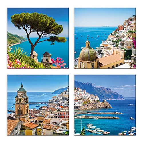 LuxHomeDecor Quadri costiera amalfitana 4 pezzi 30x30 cm Stampa su Tela con Telaio in Legno arte arredo