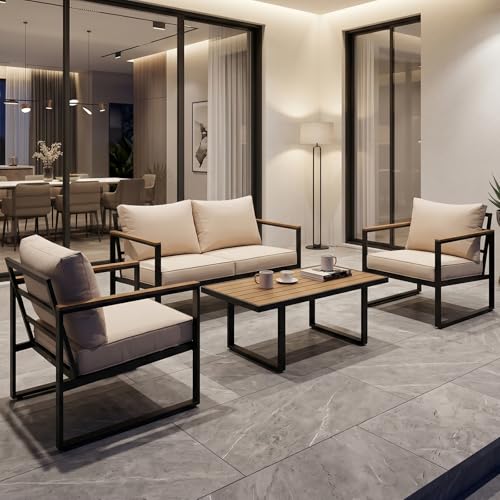 Image of Modern Patio Furniture Set, 4 Pieces Outdoor Conversation Set with Coffee Table, Metal Patio Furniture with 4 inch Washable Foam Cushions, Ships in 1 Box, Beige