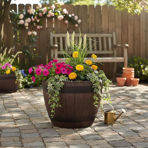 Jinfa Blumenkübel Holzfass Optik Ø36-38 cm – Pflanzkübel Kunststoff – Ideal als Miniteich & Übertopf – Wasserdicht, Frostfest, Ohne Ablaufloch