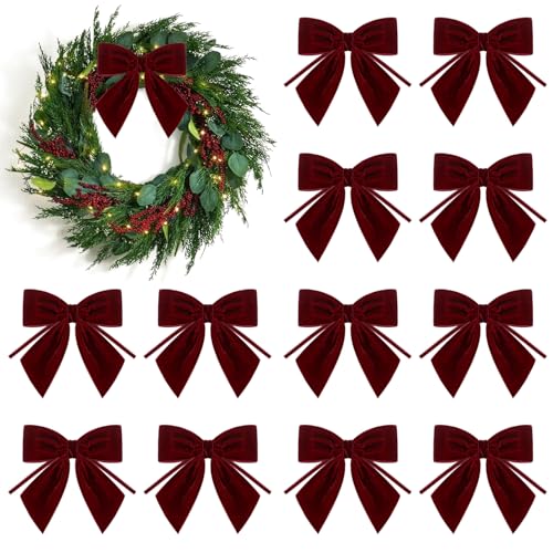 Donfulily Set of 12 Burgundy Red Velvet Bows for Christmas Tree Decorations Gift Wrapping Crafts Holiday Garland Garland Fireplace Staircase Wedding Home Decor,4x4 Inch