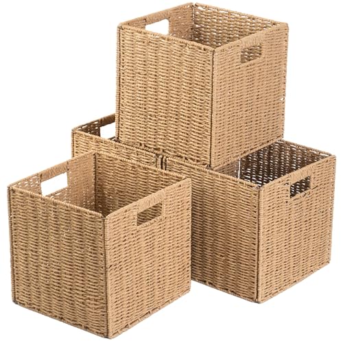 Image of CYMFBSFBU Foldable Storage Cube Bins Set of 4, Paper Woven Square Baskets, Natural, 11" x 11" x 11"