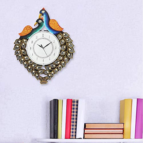 Image of Wooden Peacock Design Wall Clock Antique Round Analog Decorative Clock for Home & Office (13 x 16 Inch)