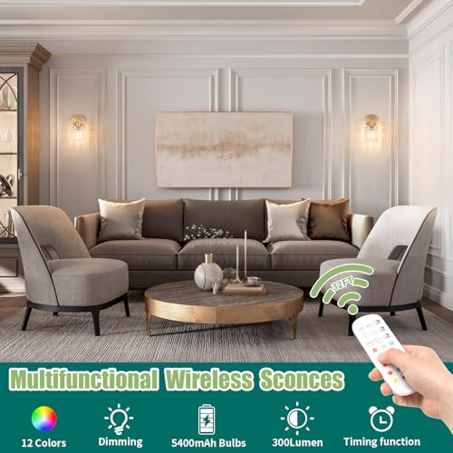 Image of Shenmoyl Crystal Battery Operated Wall Sconce, Rechargeable Battery Powered Wall Lamp with Remote Control, Modern Dimmable Wireless Wall Lights Fixture for Bedroom Bathroom(Transparent, Gold Base)