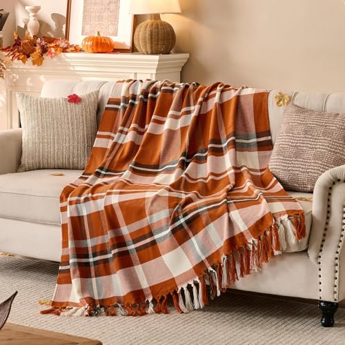 Lanpn Kuscheldecke Orange Kariert, Weiche Acryl Decke mit Fransen, Flauschige Wohndecke für Sofa/Couch/Bett, Leichte Allseason Sofadecke Atmungsaktive Überwurfdecke mit Karomuster 130x150 cm