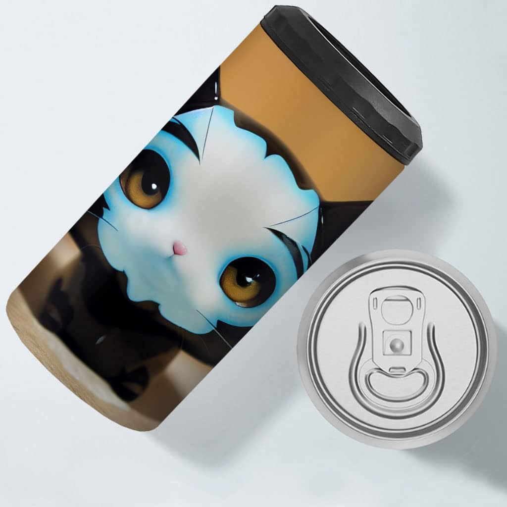 Small Vinyl Cat Figure Insulated Slim Can Cooler - Printed Can Cooler - Themed Insulated Slim Can Cooler