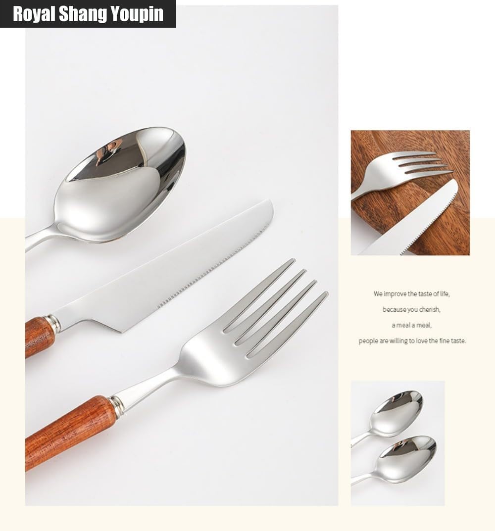 Pearwood Handle Kitchen Stainless Steel Silverware Tableware Flatware Cutlery Knives Forks Spoons Set Steak Knife Dessert Spoon (Rosewood,20 pieces)