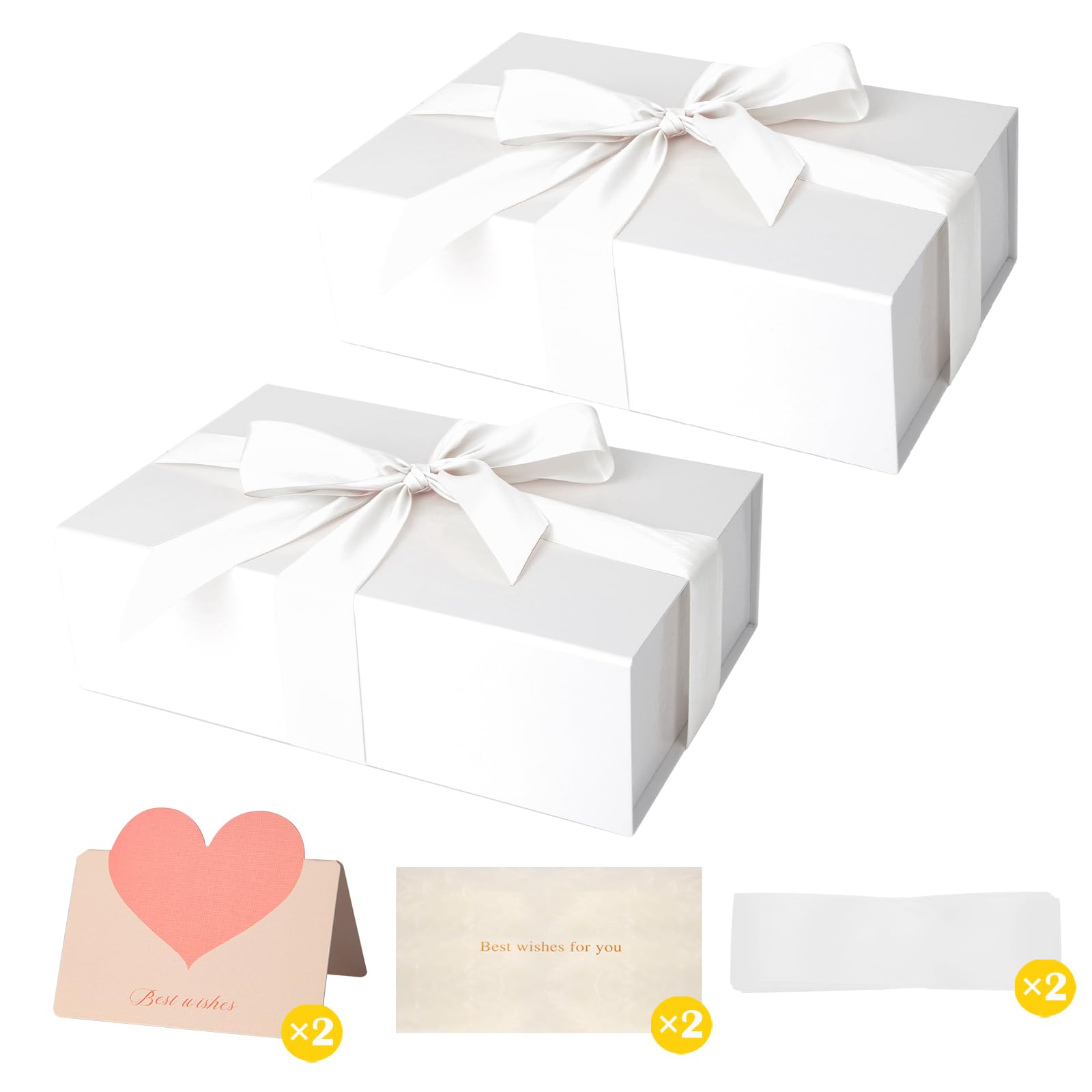 ZUVYRO 2PCs White Gift Boxes(28 * 18.3 * 8.9cm), Glossy Magnetic Gift Box with Lid for Present Contains 1-1/2’’ Widened Ribbon, Liner Paper, Card for Christmas, Valentine's Day, Wedding, Birthday
