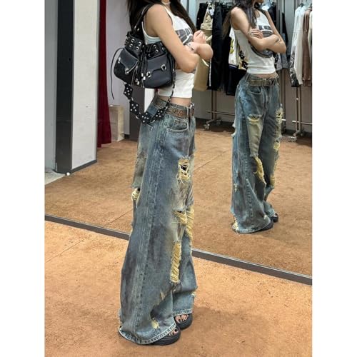 Y2K Jeans Women's Loose Ripped Straight Leg Pants, high Waisted Multi Pocket Jeans3