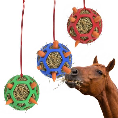 Lyinton 3 Bolas de Heno Slow Feeder para Caballos, Juguete de Alimentación Lenta de TPR Resistente a Mordeduras, Colgante con Cuerda, 3 Colores, para Prevenir Cólicos y Estrés en Caballos, Cabras