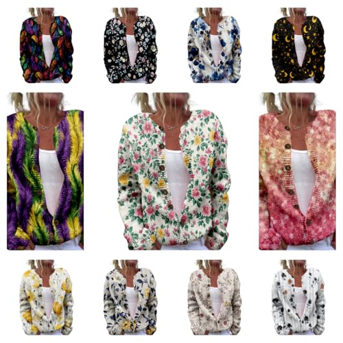 Blue Floral Sweaters for Women Cardigan Button Up Crewneck Chunky Plus Size Knitted Tunic Sweaters 2024 Winter Fashion Elegant Dressy Casual Cute Cropped Blouses,2XL