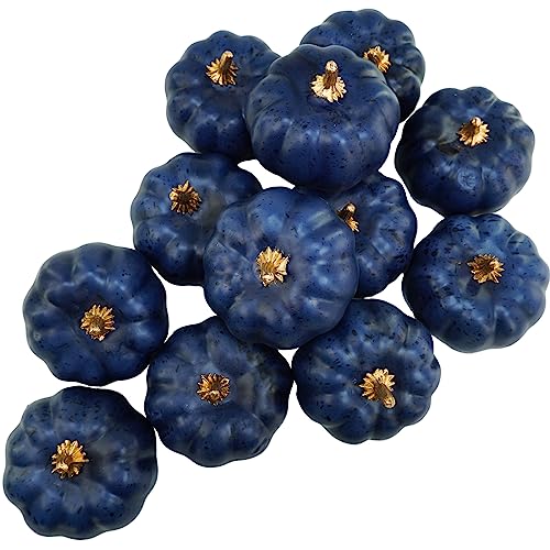 Winlyn 12 Pcs Small Artificial Pumpkins Navy Blue Pumpkins Decorative Dark Blue Pumpkins Foam Pumpkins for Fall Gifts Baby Shower Thanksgiving Halloween Table Centerpiece Mantel Bowl Décor
