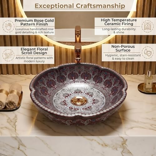 Image of BASSINO 16.5x16.5x5 Inches Designer Moroccan Ceramic Table Top Wash Basin /Matte Maroon Vanity Sink for Bathroom /Handcrafted Countertop Washbasin for Office /Hotel /Bathroom Basin(Matt)