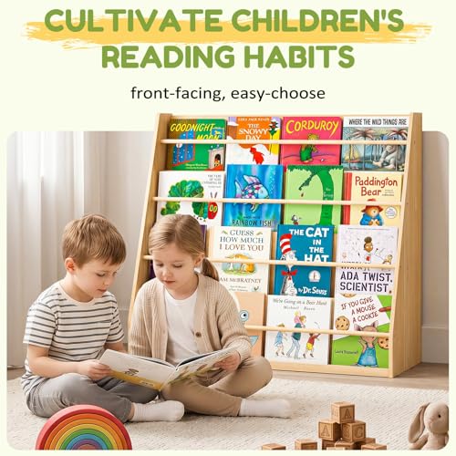 Image of XiaZ Scalloped Kids Bookshelf, 4-Tier Wooden Montessori Display for Toddler | Solid Pine Wood, Stable Trapezoid Base, Rounded Corners, Front Display, Compact, Holds 60-80 Books, Easy 20-min Assembly