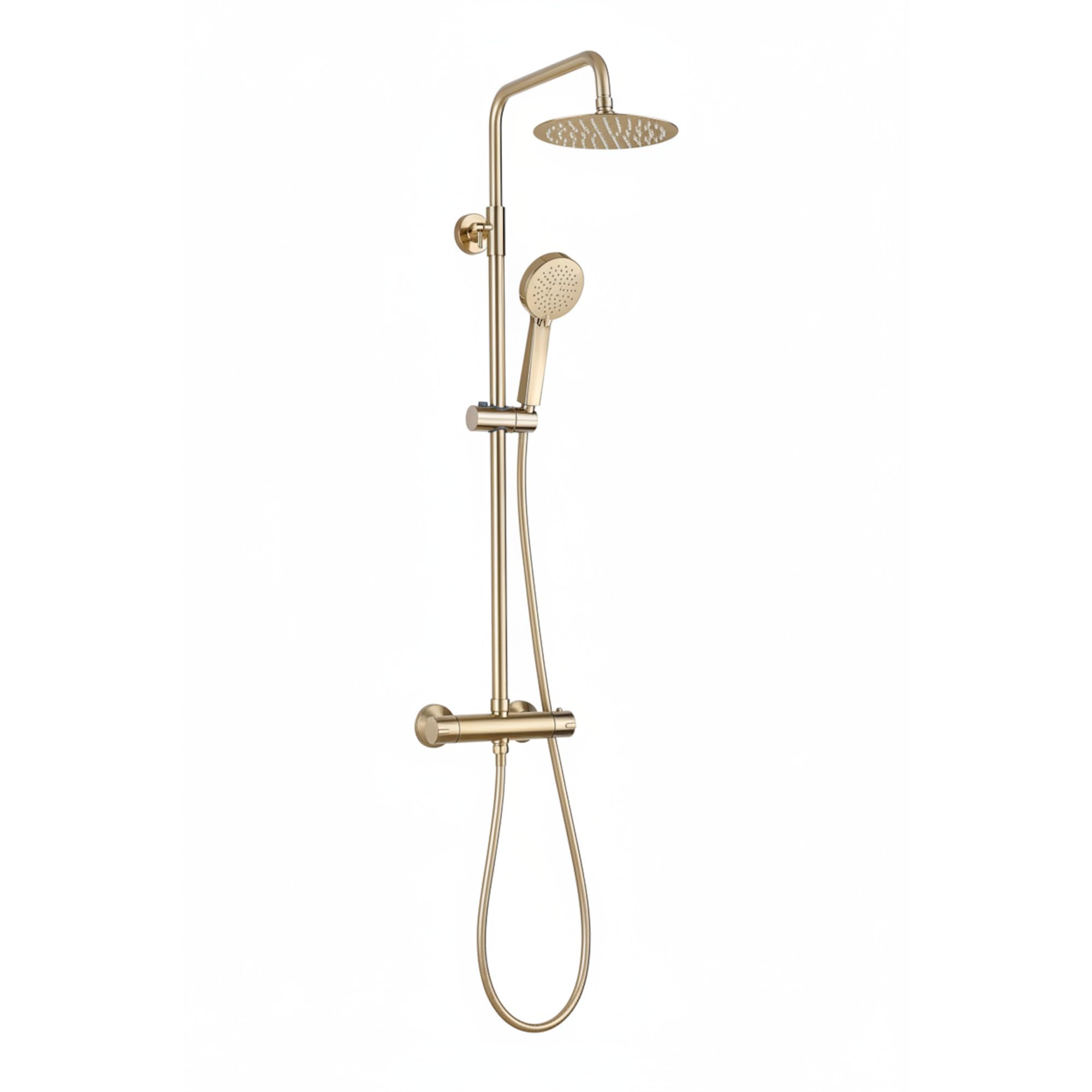 Enki Brushed Brass Dune, Sh0620, Thermostatic Shower Mixer Set, Solid Brass, Overhead Shower, Hand Shower, Anti-Scald Device, Contemporary Design, 1-Year Guarantee