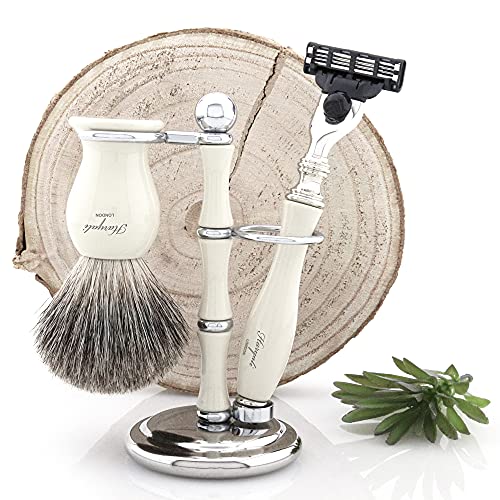 Haryali London Shaving Kit - 3 Pc Shaving Kit - 3 Edge Shaving Blade Shaving Razor - Best Badger Shaving Brush - Shaving Stand - White Color Shaving Set as a Gift Set