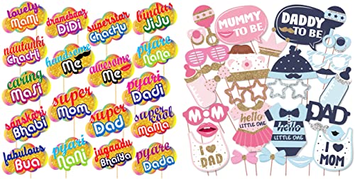 Image of Wobbox All Occasion Indian Family Photo Booth Party Props (18 Pieces) & Baby Shower Photo Booth Party Props DIY Kit, Pink & Blue with Silver & Golden Gliter