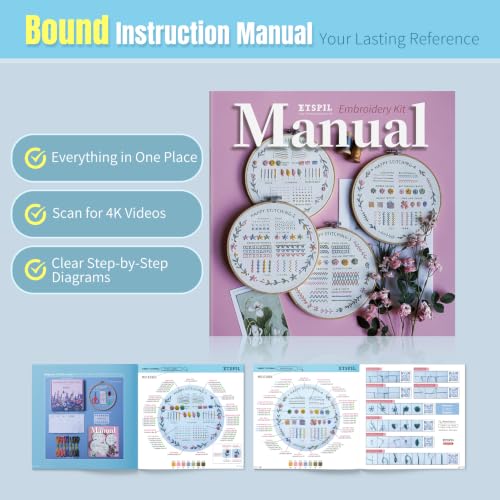 Image of ETSPIL Beginner Embroidery Kit, 4K Video, 4 Floral Patterns, Gift Box | 4 Pre-Printed Wreath Designs. Embroidery Stitch Book Kit, Step-by-Step. 20% Extra Floss. Easy to Start, Relaxing Craft