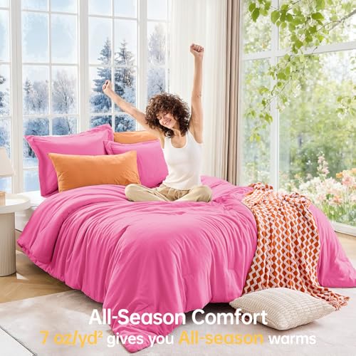 Image of MUXHOMO Oversized Queen Comforter Set, Lightweight Down Alternative Bed Set | All Season 3 Piece Bedding Set,Ultra Soft Down Alternative,Includes 1 Comforter 98x98 and 2 Pillow Shams 20x26,Hot Pink