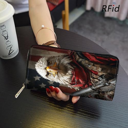 Image of RFID Blocking Leather Wallet for Women - Large Capacity Zip Around Clutch with 8 Card Slots,10 Cash Pockets & Coin Zipper,Bald Eagle Warrior