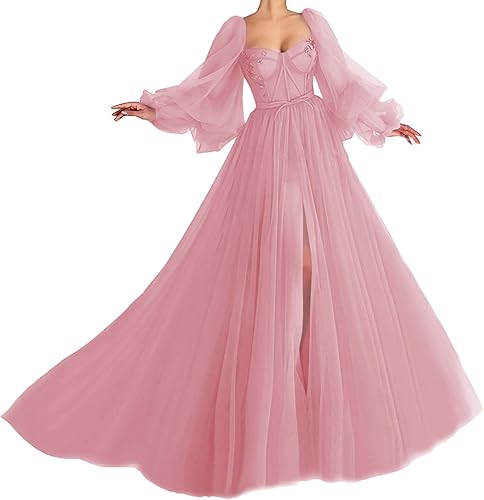 Vestidos de graduación de tul con manga abombada con abertura 2025, vestido largo de baile de novia, vestidos formales para mujer, fiesta de noche