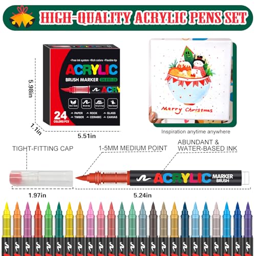 Image of Acrylic Paint Markers, Soft Brush Tip Pens and Markers, Acrylic Paint Pens for Wood, Stone, Canvas, Glass, Fabric, Egg, Rock Painting and DIY Craft Art Supplies (24)