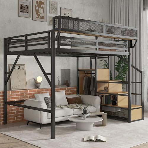 MoproBeti Queen Loft Bed with Stairs, Metal Loft Beds Queen Size Adults with Storage Shelves and Wardrobe, Heavy Duty High LoftBed for Teens, No Box Spring Needed, No Noise,Black