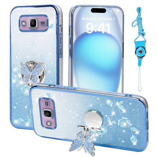 RTYQXK for Samsung Galaxy J2 Prime Phone Case,for Samsung J2 Ace Mobile Phone Case for Women and Girl, Glitter Butterfly Floral TPU Protective Cover with Kickstand+Strap for Samsung G530 (Blue)