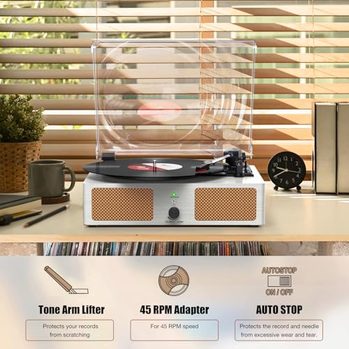 Image of Vinyl Record Player with Built-in Speakers and USB,Belt-Driven Bluetooth Turntable with 3 Speed AUX Input Headphone Jack and RCA Output Vintage Wooden White