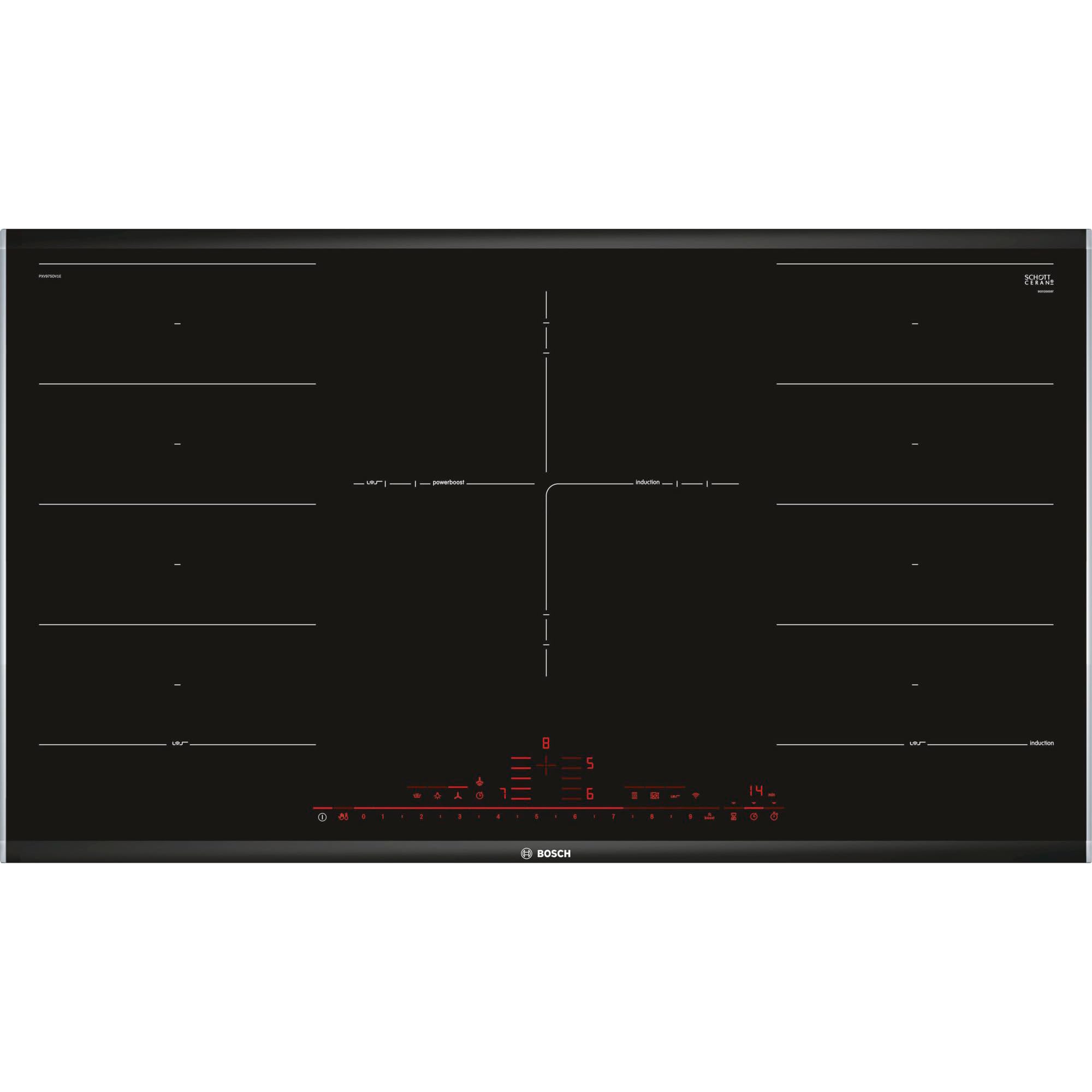 Bosch PXV975DV1E Serie 8 Smart piano cottura a induzione (autosufficiente), 90 cm di larghezza, FlexInduction libera scelta dello spazio, MoveMode preimpostati, sensore di frittura PerfectFry, cottura