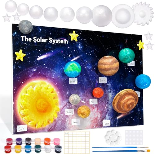 Pllieay Solar System Model Kit 3D Solar System Kit with Display Board 17 Foam Balls 12 Color Pigments Brushes Palette DIY Planets Model Toy for Kids School Science Projects