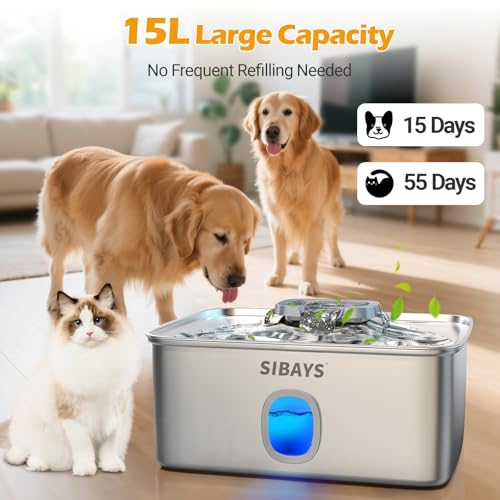 SIBAYS 15L Large Dog Water Fountain, Stainless Steel Cat Water Fountain with Visible Window & Smart LED Reminder, Ultra Quiet Automatic Pet Fountain for Large Dogs & Multi-pet, Easy to Clean, FS76 - Image 3