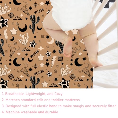 Image of Vintage Western Cowboy Baby Crib Sheet 52''x28'' Retro Cow Skull Cactus Sun Moon Stars Snug Fitted Crib Mattress Cover for Boy Girl Wild Plants Soft Baby Bed Sheet for Standard Crib Toddler Mattress