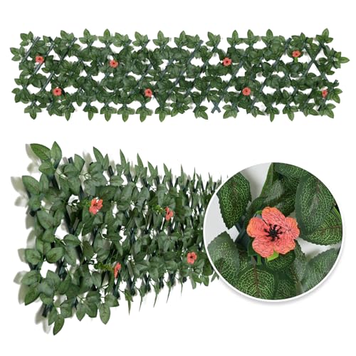 Expandable Garden Fence Panels - Privacy Screen with Faux Ivy & Flower - 200x30cm (Red Flower)