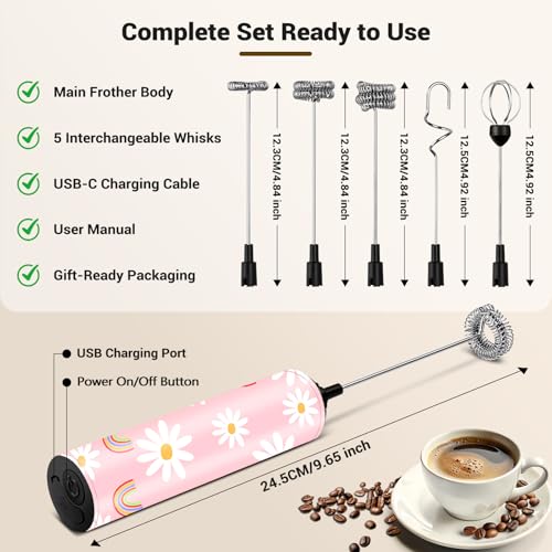 Image of Milk Frother Handheld Rechargeable - 2-Speed Electric Whisk with 5 Detachable Heads (Frother /Mixer /Whisk) for Coffee, Latte, Cappuccino & Matcha, Drink Mixer （Flower 1)