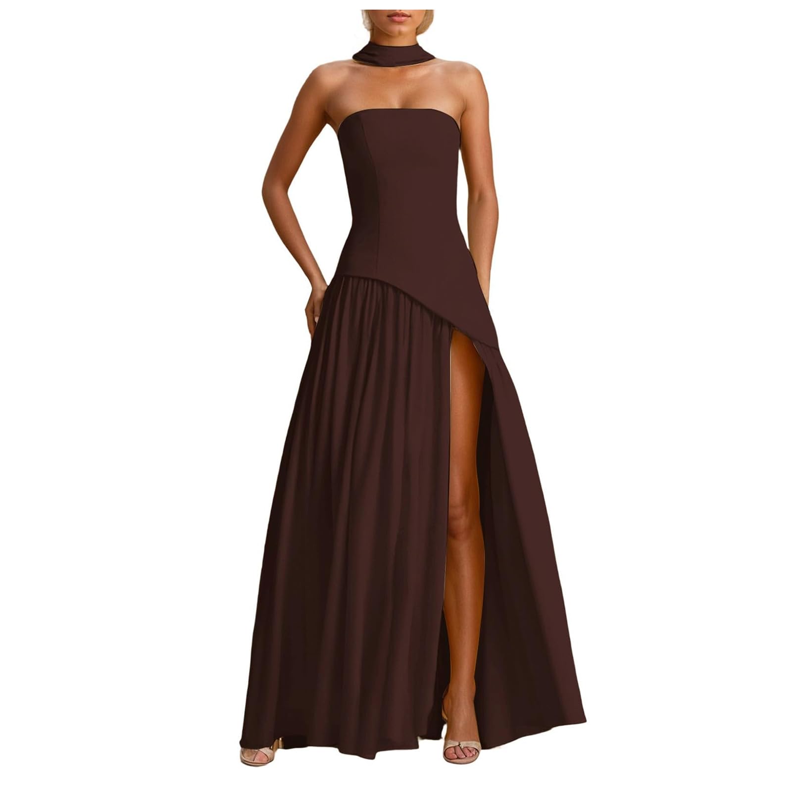 Genérico Vestido De Noche para Mujer Línea A Vestido De Corsé para Mujer Elegante Maxivestido Gasa con Pliegues Asimétricos Vestidos Formal Hombros Descubiertos Fiestas Y Graduaciones