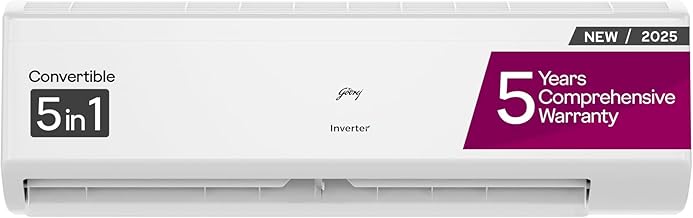 Godrej 1.5 Ton 5 Star, 5 Years Comprehensive Warranty, AI powered, 5-In-1 Convertible Cooling Inverter Split AC (Copper, 2025 Model, Heavy Duty Cooling at 52 °C, AC 1.5T EI 18II5T WZS Split 5S, White)