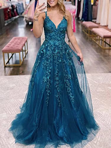 PEIYJYUSP Glitter Tulle Prom Dresses Long Ball Gown Lace Appliques V Neck Prom Dress for Women Formal Evening Party Gown3