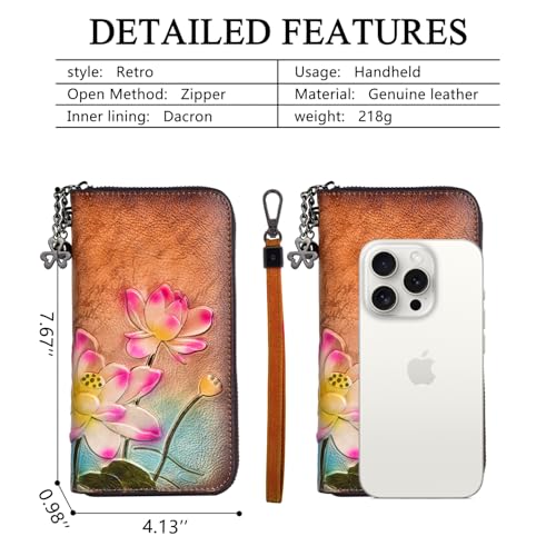 Image of Wallet Genuine Leather for Women - with RFID Blocking Card checkbook ID Slot Large Capacity Vintage style (lotus brown)
