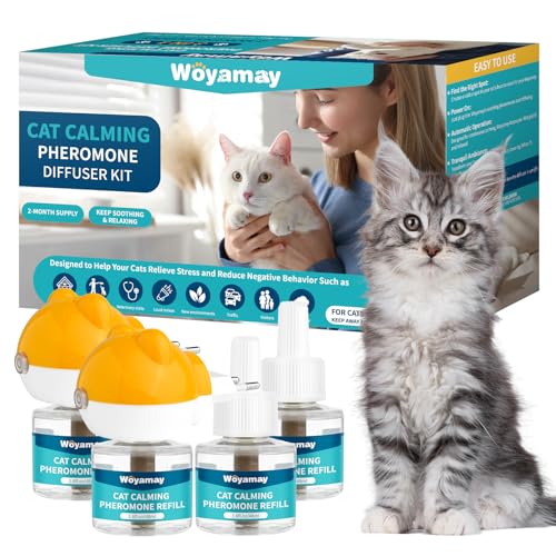 Woyamay Diffusore Feromoni per Gatti con 2 Diffusori + 4 Ricariche 48 ml, Calmante eTranguillante per Gatti, Antistress Gatto Fino a 120 Giorni