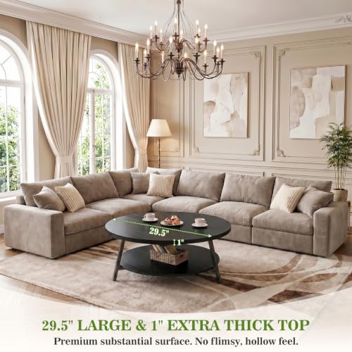 Image of Armocity 29.5 inch Round Wood Coffee Table with 2-Tier Storage, 1 inch Thick Top