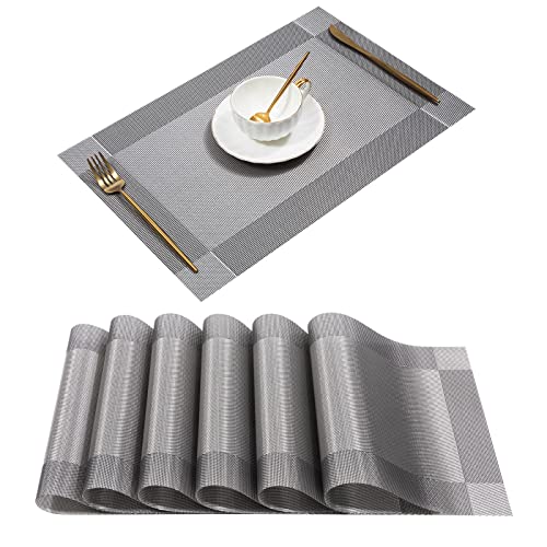 U'Artlines Placemat Crossweave Woven Vinyl Non-Slip Insulation Placemat Washable Table Mats Set of 6 (6pcs placemats, Gray)